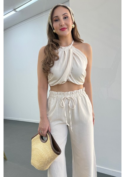 Lenora Keten Kruvaze Halter Yaka Bluz ve Pantolon Takım modelleri