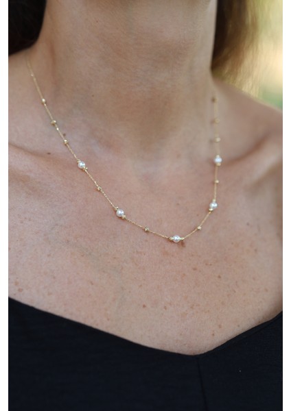 14 Ayar Altın Force Zincirli Mini Dorika ve Inci Detaylı Kolye