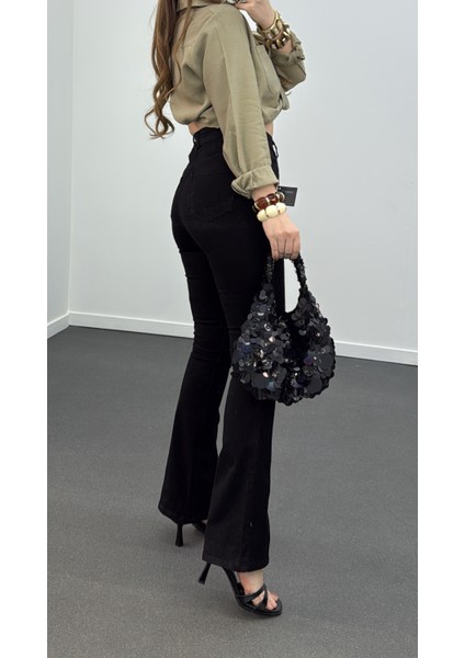 Siyah Renk 4 Düğmeli Extra Yüksek Bel Full Likralı Flare Jeans fiyatları