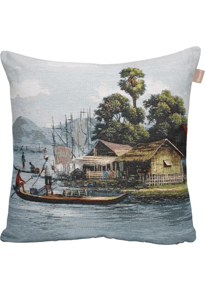 Belıeve Balıkçı Jakarlı Dokuma Goblen Dekoratif Manzaralı Kırlent Kılıfı 45*45