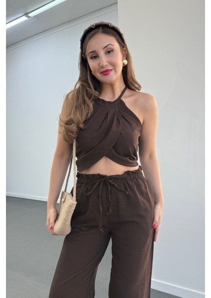 Lenora Keten Kruvaze Halter Yaka Bluz ve Pantolon Takım fiyatları