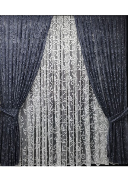 Tül Fon Perde 2 Kanat Tül Fon Perde Bağcıklı Model Sarmaşık Desen Gri fiyatları