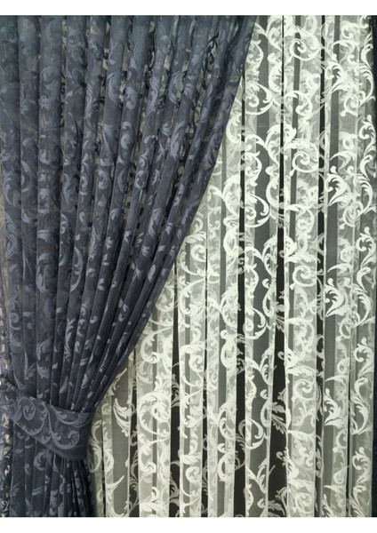 Tül Fon Perde 2 Kanat Tül Fon Perde Bağcıklı Model Sarmaşık Desen Gri