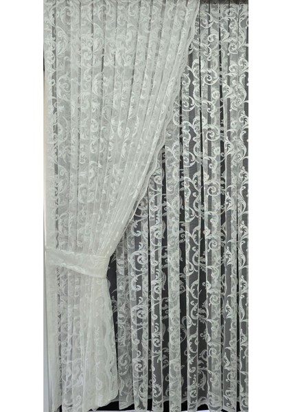 Tül Fon Perde 2 Kanat Tül Fon Perde Bağcıklı Model Sarmaşık Desen Beyaz