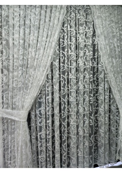 Tül Fon Perde 2 Kanat Tül Fon Perde Bağcıklı Model Sarmaşık Desen Beyaz fırsatları
