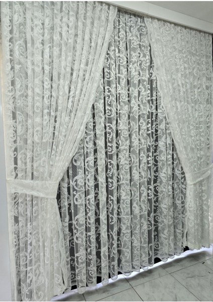 Tül Fon Perde 2 Kanat Tül Fon Perde Bağcıklı Model Sarmaşık Desen Beyaz