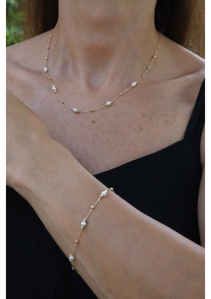 14 Ayar Altın Force Zincirli Mini Dorika ve Inci Detaylı Set