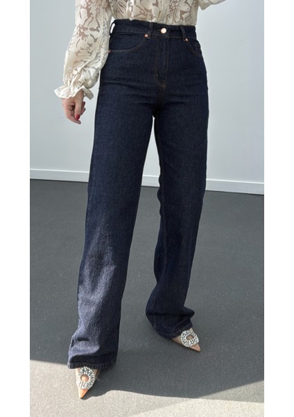 Royale Lacivert Yıkamalı Wide Leg Jeans