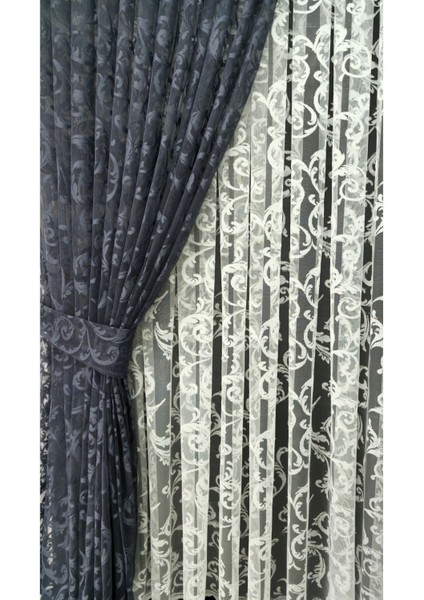 Tül Fon Perde 2 Kanat Tül Fon Perde Bağcıklı Model Sarmaşık Desen Gri