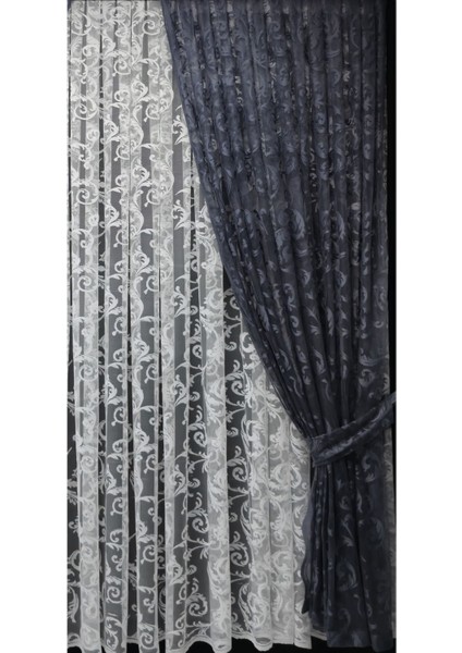 Tül Fon Perde 2 Kanat Tül Fon Perde Bağcıklı Model Sarmaşık Desen Gri modelleri