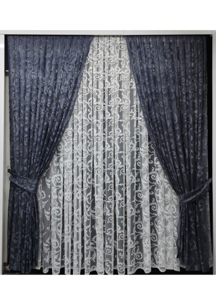 Tül Fon Perde 2 Kanat Tül Fon Perde Bağcıklı Model Sarmaşık Desen Gri fırsatları