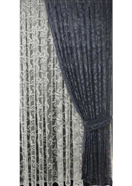 Tül Fon Perde 2 Kanat Tül Fon Perde Bağcıklı Model Sarmaşık Desen Gri indirimleri