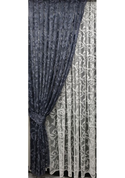 Tül Fon Perde 2 Kanat Tül Fon Perde Bağcıklı Model Sarmaşık Desen Gri