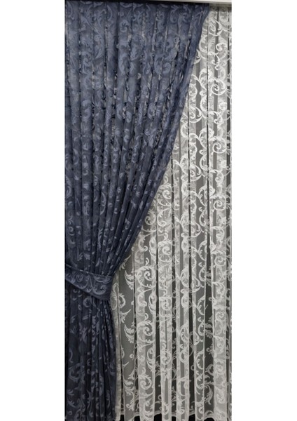 Tül Fon Perde 2 Kanat Tül Fon Perde Bağcıklı Model Sarmaşık Desen Gri