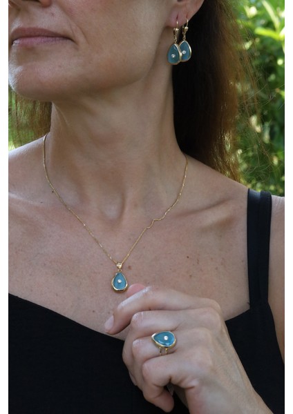 14 Ayar Altın Turkuaz Taş Gövdeli Tek Taş Detaylı Set