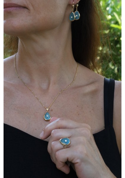 14 Ayar Altın Turkuaz Taş Gövdeli Tek Taş Detaylı Set modelleri