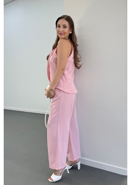 Lenora Keten Kruvaze Halter Yaka Bluz ve Pantolon Takım
