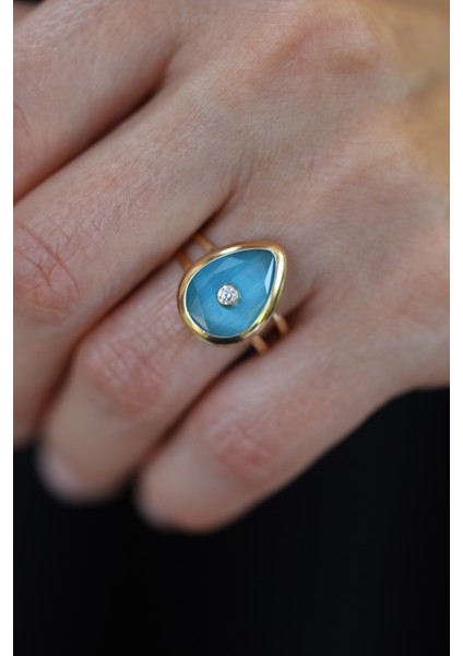 14 Ayar Altın Turkuaz Taş Gövdeli Tek Taş Detaylı Yüzük fiyatları