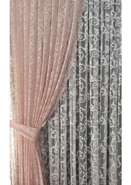Tül Fon Perde 2 Kanat Tül Fon Perde Bağcıklı Model Sarmaşık Desen Pudra Pembesi