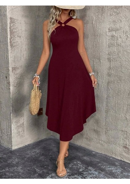 Kadın Boyundan Çapraz Askılı Halka Detaylı Asimetrik Kesim Viskon Elbise fiyatları