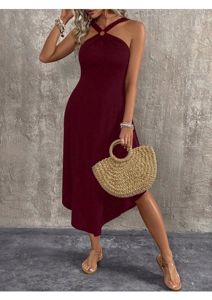 Kadın Boyundan Çapraz Askılı Halka Detaylı Asimetrik Kesim Viskon Elbise indirimleri