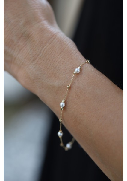 14 Ayar Altın Force Zincirli Mini Dorika ve Inci Detaylı Bileklik modelleri