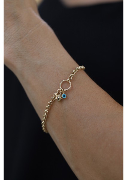 14 Ayar Altın Dotch Zincirli Nazarlık ve Obje Detaylı Bileklik