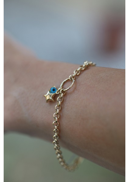 14 Ayar Altın Dotch Zincirli Nazarlık ve Obje Detaylı Bileklik indirimleri