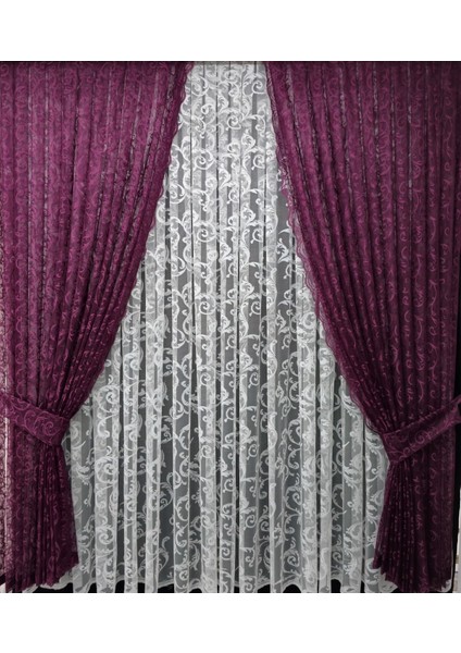 Tül Fon Perde 2 Kanat Tül Fon Perde Bağcıklı Model Sarmaşık Desen Mürdüm fiyatları