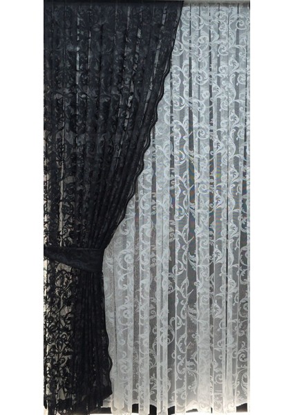Tül Fon Perde 2 Kanat Tül Fon Perde Bağcıklı Model Sarmaşık Desen Siyah