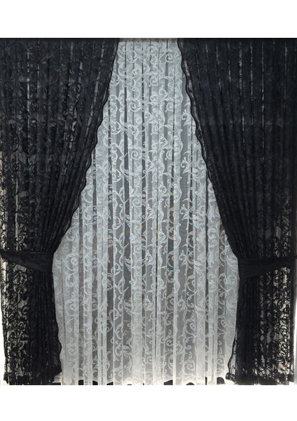 Tül Fon Perde 2 Kanat Tül Fon Perde Bağcıklı Model Sarmaşık Desen Siyah fiyatları