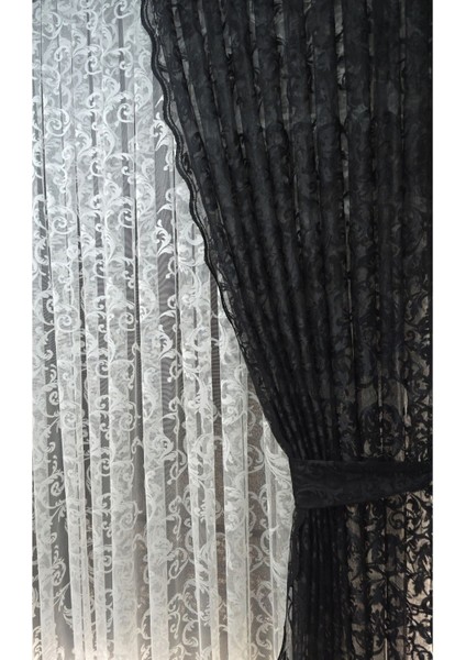 Tül Fon Perde 2 Kanat Tül Fon Perde Bağcıklı Model Sarmaşık Desen Siyah modelleri