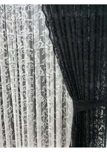 Tül Fon Perde 2 Kanat Tül Fon Perde Bağcıklı Model Sarmaşık Desen Siyah fırsatları