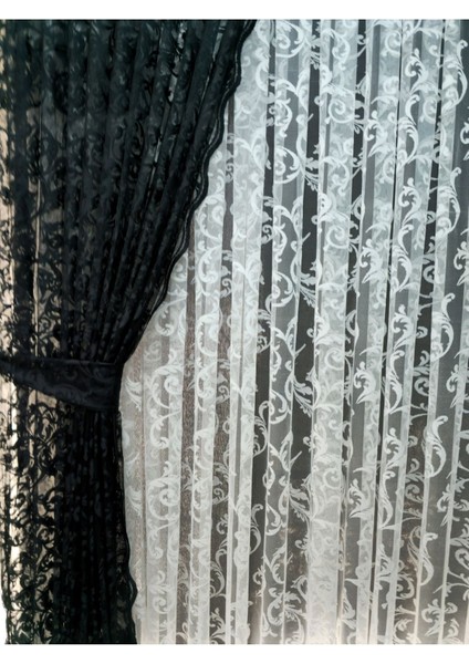 Tül Fon Perde 2 Kanat Tül Fon Perde Bağcıklı Model Sarmaşık Desen Siyah indirimleri