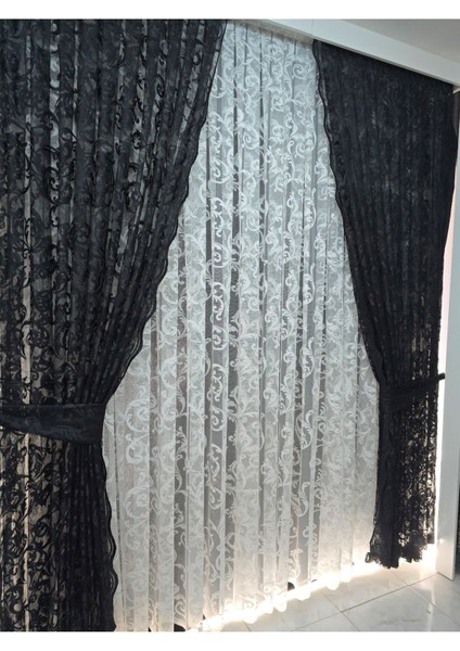 Tül Fon Perde 2 Kanat Tül Fon Perde Bağcıklı Model Sarmaşık Desen Siyah