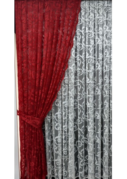 Tül Fon Perde 2 Kanat Tül Fon Perde Bağcıklı Model Sarmaşık Desen Kırmızı