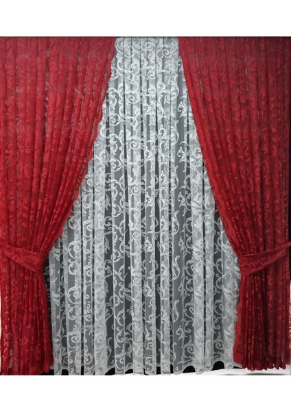 Tül Fon Perde 2 Kanat Tül Fon Perde Bağcıklı Model Sarmaşık Desen Kırmızı fiyatları