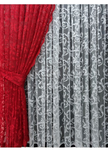 Tül Fon Perde 2 Kanat Tül Fon Perde Bağcıklı Model Sarmaşık Desen Kırmızı modelleri