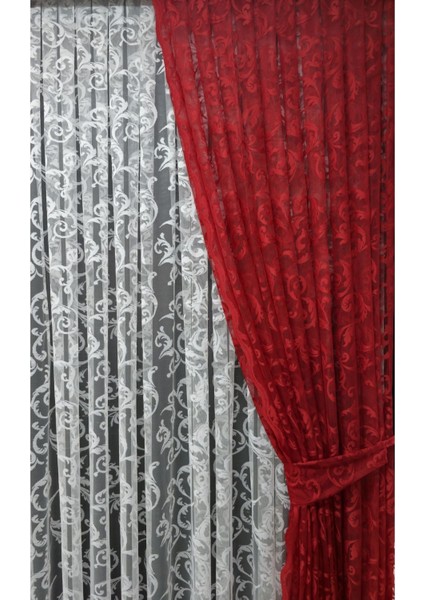 Tül Fon Perde 2 Kanat Tül Fon Perde Bağcıklı Model Sarmaşık Desen Kırmızı fırsatları
