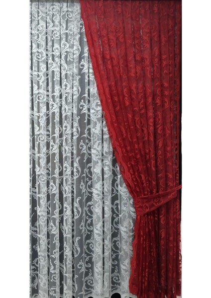 Tül Fon Perde 2 Kanat Tül Fon Perde Bağcıklı Model Sarmaşık Desen Kırmızı indirimleri
