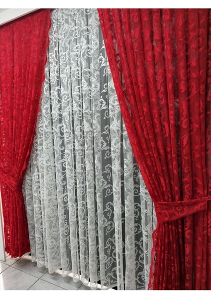 Tül Fon Perde 2 Kanat Tül Fon Perde Bağcıklı Model Sarmaşık Desen Kırmızı