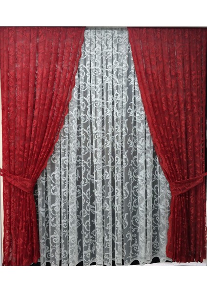 Tül Fon Perde 2 Kanat Tül Fon Perde Bağcıklı Model Sarmaşık Desen Kırmızı