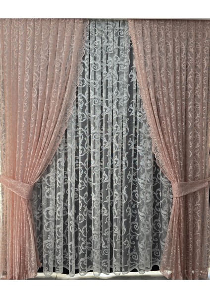 Tül Fon Perde 2 Kanat Tül Fon Perde Bağcıklı Model Sarmaşık Desen Pudra Pembesi fiyatları