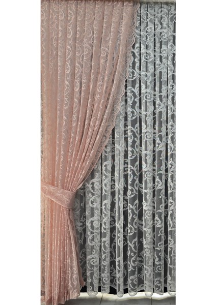 Tül Fon Perde 2 Kanat Tül Fon Perde Bağcıklı Model Sarmaşık Desen Pudra Pembesi modelleri