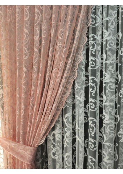 Tül Fon Perde 2 Kanat Tül Fon Perde Bağcıklı Model Sarmaşık Desen Pudra Pembesi fırsatları