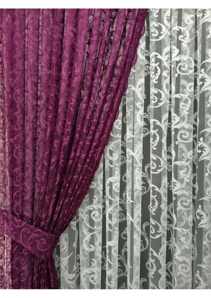 Tül Fon Perde 2 Kanat Tül Fon Perde Bağcıklı Model Sarmaşık Desen Mürdüm