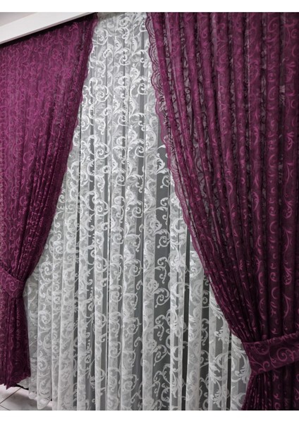 Tül Fon Perde 2 Kanat Tül Fon Perde Bağcıklı Model Sarmaşık Desen Mürdüm modelleri