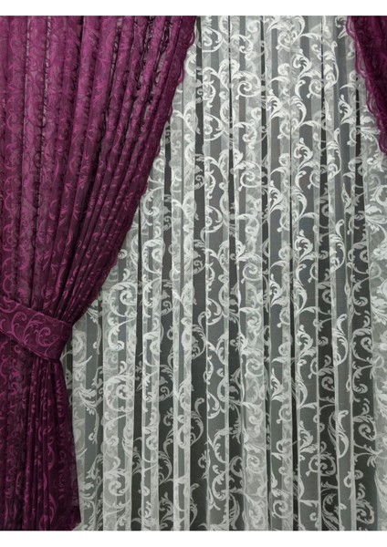 Tül Fon Perde 2 Kanat Tül Fon Perde Bağcıklı Model Sarmaşık Desen Mürdüm fırsatları