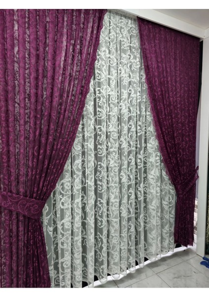 Tül Fon Perde 2 Kanat Tül Fon Perde Bağcıklı Model Sarmaşık Desen Mürdüm indirimleri