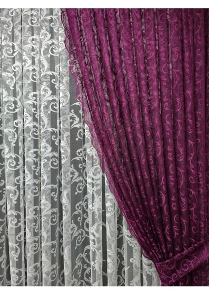 Tül Fon Perde 2 Kanat Tül Fon Perde Bağcıklı Model Sarmaşık Desen Mürdüm